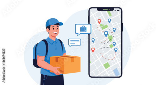 Courier man holding a cardboard package while using a mobile application for tracking delivery route on a digital map.