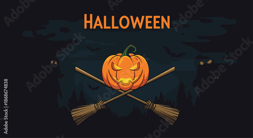 Spooky Halloween themed illustration featuring an orange jack o lantern pumpkin and crossed broomsticks against a dark sky.