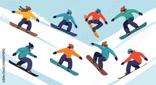 Collection of colorful characters snowboarding down a mountain slope performing various tricks and jumps in winter.