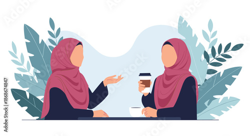Two muslim women wearing pink hijabs having a friendly conversation while drinking coffee in a modern plant filled cafe.