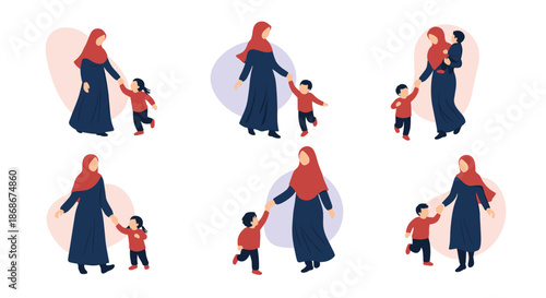 Set of illustrations showing a mother in a hijab walking and playing with her young child in several different poses.