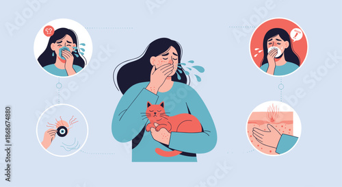 Young woman experiencing severe allergic reaction symptoms while holding a cat with various medical icons showing triggers.