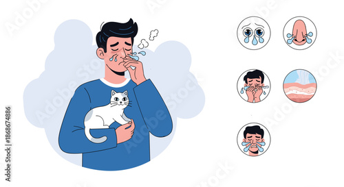 Man suffering from pet allergies while holding a white cat with infographic icons depicting common allergic symptoms.