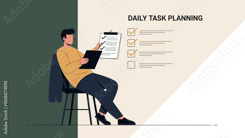 Man planning daily tasks with checklist, time management and productivity concept