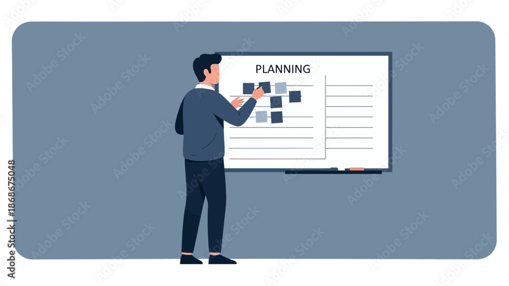 Fototapeta premium Man Planning Project on Whiteboard with Sticky Notes