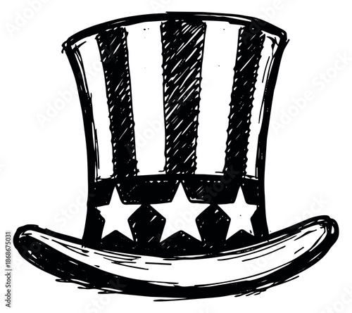 Hand drawn line art illustration of an Uncle Sam hat depicting patriotic stripes and stars for american patriotism and celebration