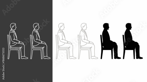 Seated Figure Icon Set Vector – Stylized Silhouettes and Outlines of Sitting Person for Identity, UI Design, Contrast Study, and Visual Representation Projects