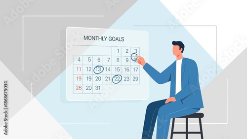 Man planning monthly goals on calendar, business concept illustration