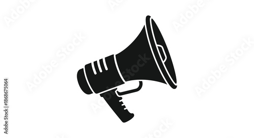 A striking black and white illustration of a vintage megaphone boldly presented as a silhouette