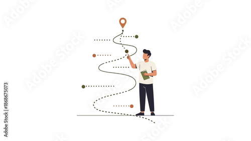 Man planning route with map pins and dotted lines, strategy concept