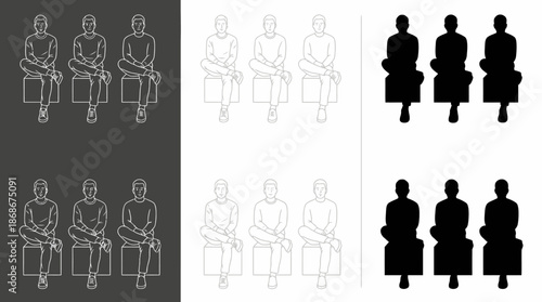 Seated Figure Icon Set Vector – Stylized Silhouettes and Outlines of Sitting Person for Identity, UI Design, Contrast Study, and Visual Representation Projects