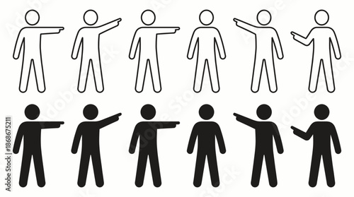 Vector Stick Figure Pose Set – Simplified Human Gestures in Black and White for Communication, Signage, and Symbolic Design Themes