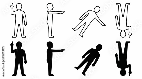 Vector Stick Figure Pose Set – Simplified Human Gestures in Black and White for Communication, Signage, and Symbolic Design Themes