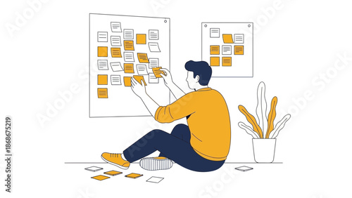 Man Planning Strategy with Sticky Notes on Board, Teamwork Concept