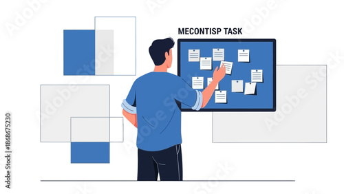 Man planning tasks on a bulletin board with sticky notes, graphic design.