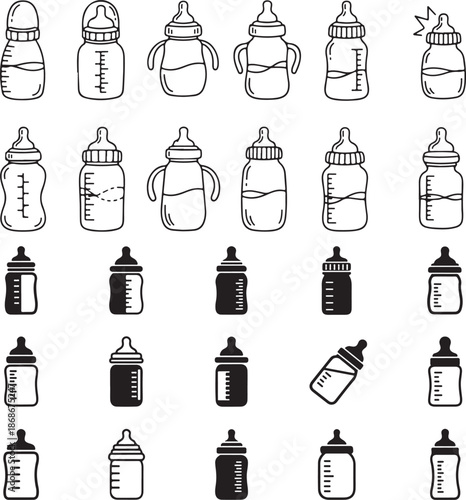 Baby feeding bottle icons set black and white illustration.eps