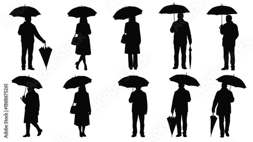 A collection of black silhouettes of people holding umbrellas on a white background
