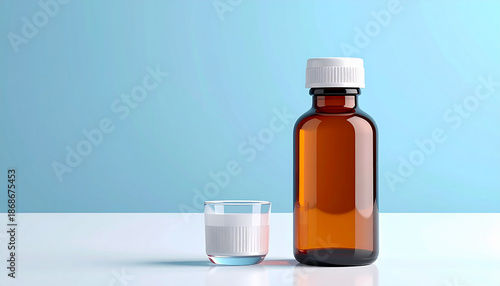 Medicine Remedy: A medicine bottle and a shot glass filled with liquid against a light blue backdrop, illustrating the essence of health and remedy.