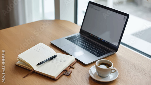 Laptop computer on wooden desk with notebook and coffee cup nearby for work or study