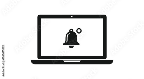 A sleek modern laptop displays a notification icon of a bell in black silhouette