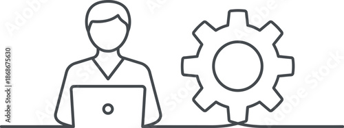 Developer working on laptop with settings gear line illustration representing software development programming workflow system configuration technology concepts
