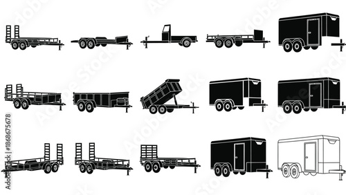 A collection of various truck trailers and semi-trailers in black and white
