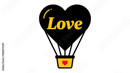 A heart-shaped hot air balloon with the word Love floats gently in the air