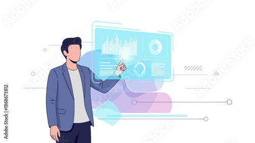 Man interacting with futuristic holographic financial data display