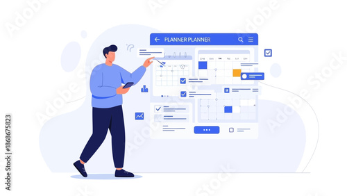 Man interacts with digital planner interface, planning tasks and schedule