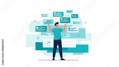 Man juggling multiple tasks and information, digital concept, multitasking, workflow