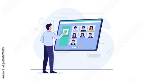 Man interacting with video conference interface showing diverse participants on screen