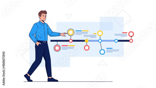 Man leading a data visualization timeline with progress indicators and charts