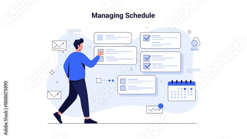 Man Managing Schedule with Tasks, Calendar, and Emails - Business Planning Illustration