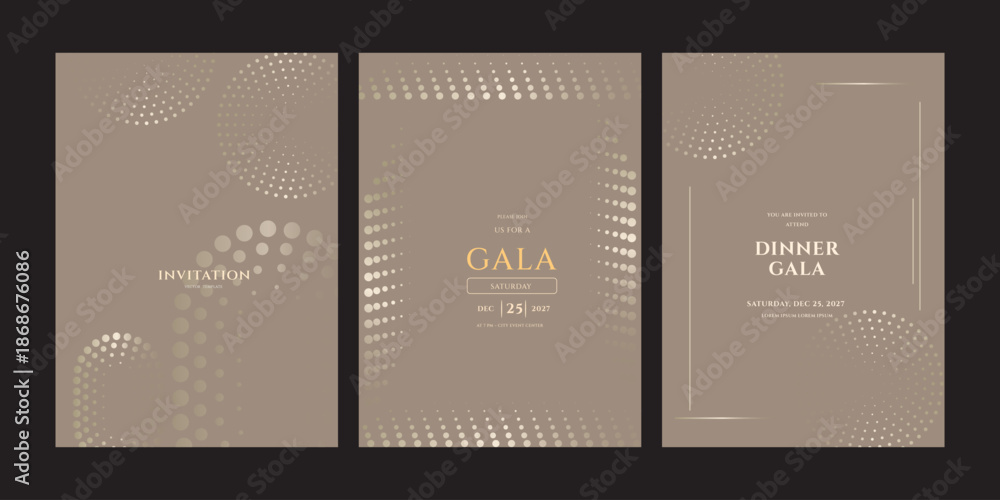 Fototapeta premium Set of three elegant gala dinner invitation templates featuring abstract golden dot patterns on a brown background, perfect for a luxurious event