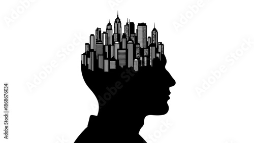 A black silhouette of a man's head with a cityscape inside his brain