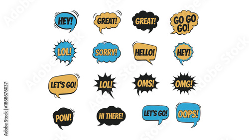 A colorful collection of comic book style speech bubbles with various expressions