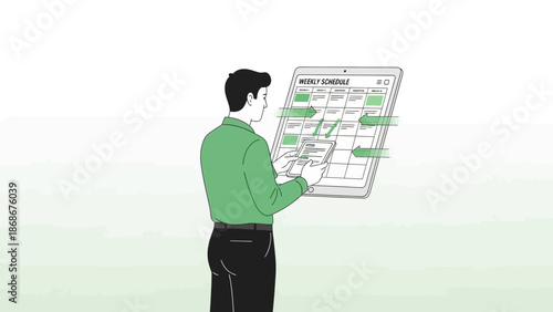 Man Organizing Weekly Schedule on Digital Tablet, Planning Tasks and Appointments