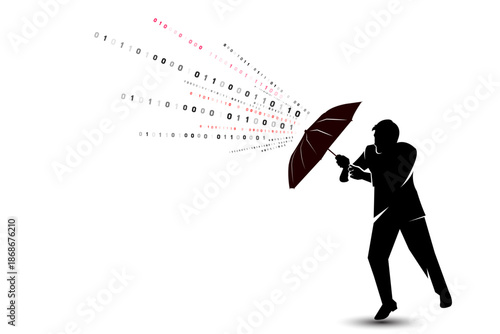 Man with Umbrella Protecting from 0 and 1 Binary Code  Cybersecurity