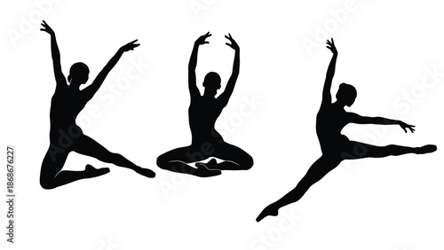 Three silhouetted ballet dancers performing various poses on a white background