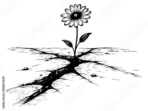Hand drawn line art illustration of a flower depicting resilience and growth for nature concepts