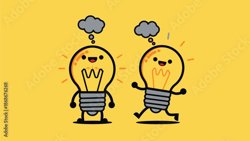 Two happy cartoon lightbulbs with thought bubbles on a yellow background