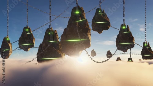 stone slab sign hanging from metal chains on transparent background