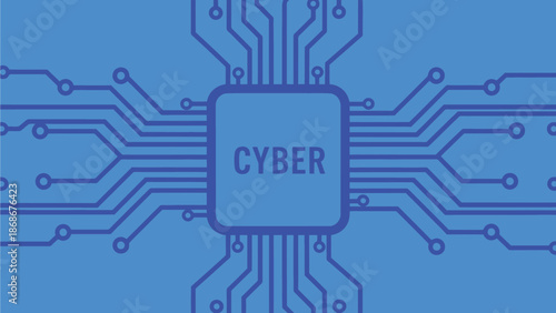 A blue circuit board with the word cyber on a central processor chip