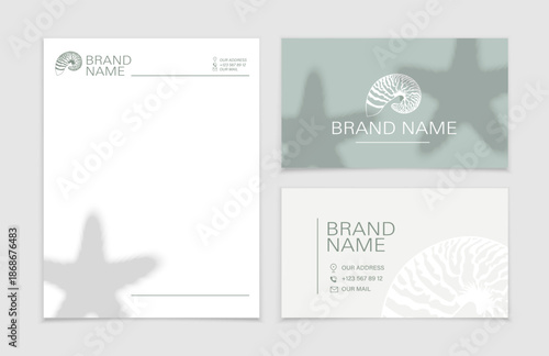 Set of corporate identity templates in marine style. Mollusk symbol for business card and letterhead. Vector set.