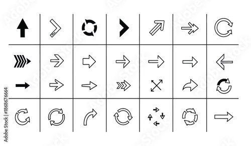 a collection of various black and white arrow and looping symbols arranged in a grid pattern on a white background
