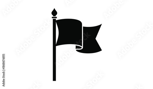 A simple black flag is waving gently in the breeze on a white background showing a minimalist design high quality professional