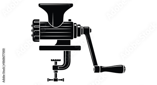 Detailed illustration of a vintage manual coffee grinder attached to a table silhouette