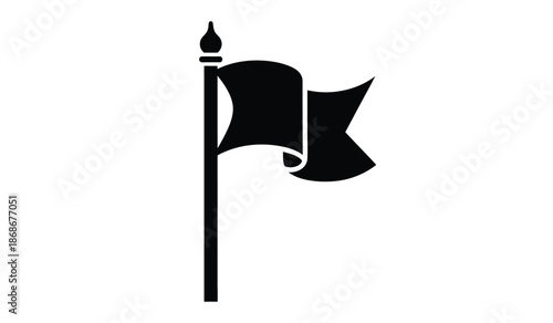 A simple black and white depiction of a solitary flag waving on a pole against a clean white background high quality