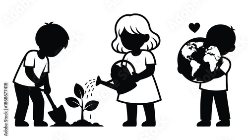 Children planting and caring for the Earth in a symbolic illustration