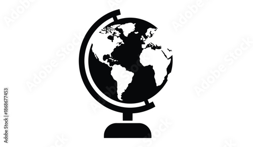 A simple monochromatic illustration depicts a classic globe on a stand showcasing continents and oceans in a bold graphic style ideal for educational purposes